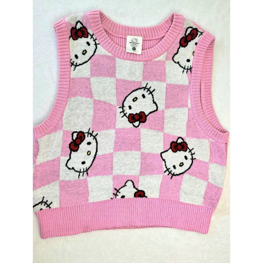 Hello Kitty Sanrio Pink Checkered Sweater Vest Knit Sleeveless Top Large Y2K